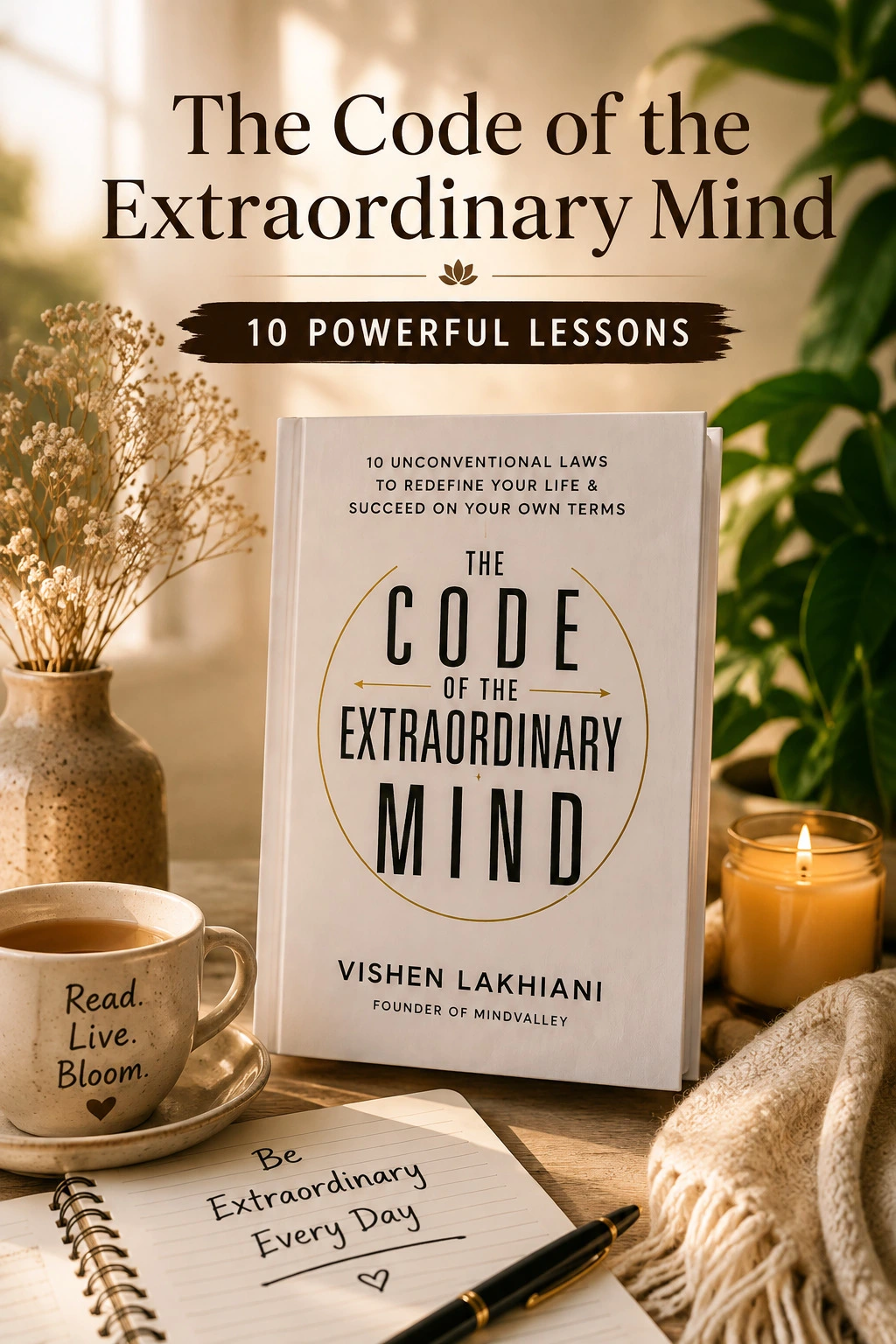 Vishen Lakhiani's The Code of the Extraordinary Mind book with 10 powerful lessons for personal growth